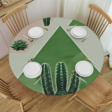 

Geometric Round Fitted Tablecloth with Elastic Edged Wipeable Table Cloth for Kitchen Dining Party(Plant)