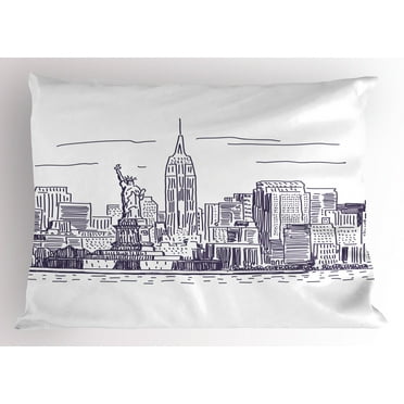 Ambesonne Panorama Pillow Sham, Sketchy NYC Island, 26" X 20", Purple White