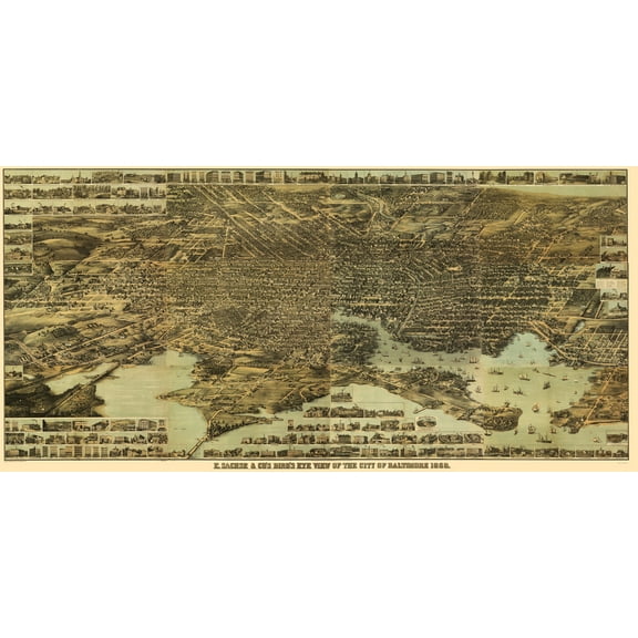 Historic Panoramic View - Baltimore Maryland - Sachese 1869 - Vintage Wall Art