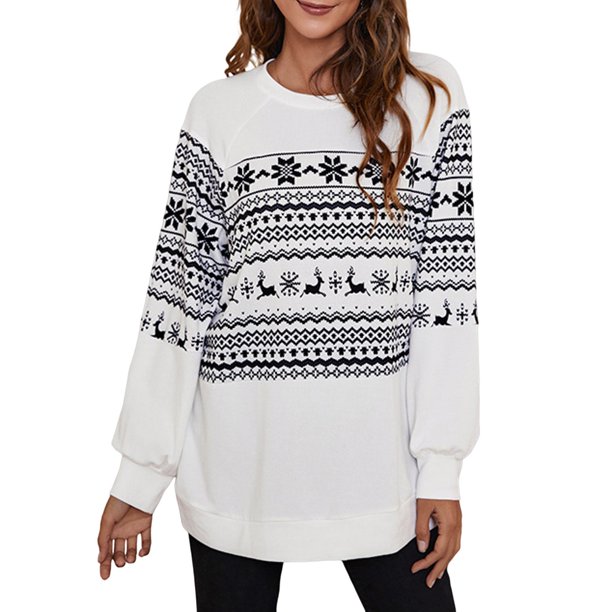 Gibobby Suéter de Punto navideño para Mujer holgado con estampado navideño para mujer(Blanco,CH)