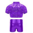 thumbnail image 6 of renvena Kids Girls Short Sleeves Sparkly Crop Top and Shiny Metallic Short for Cheerleading Performance Purple 14, 6 of 7