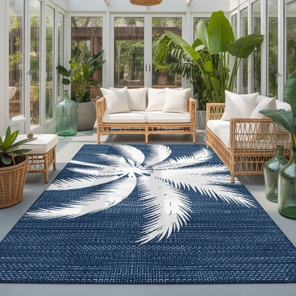 Dark Blue Palm Tree Washable Living Room Rugs 9'x12', Summer Country Vintage Tropical Coastal Tree Leaf Washable Throw Large Area Rug Non-Slip Sturdy Edge Binding Carpet for Dining Room Office