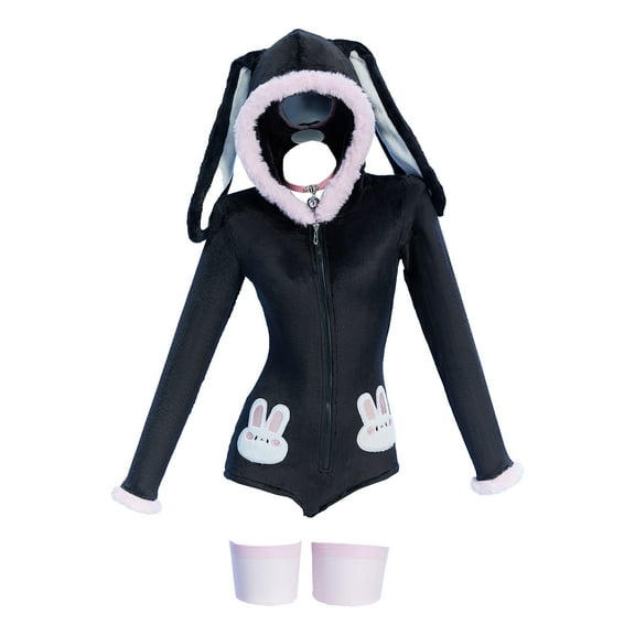 MOBBUNNY Cute Bunny Furry Romper for Women Black Rabbit Bodysuit with Choker Tail and Stocks