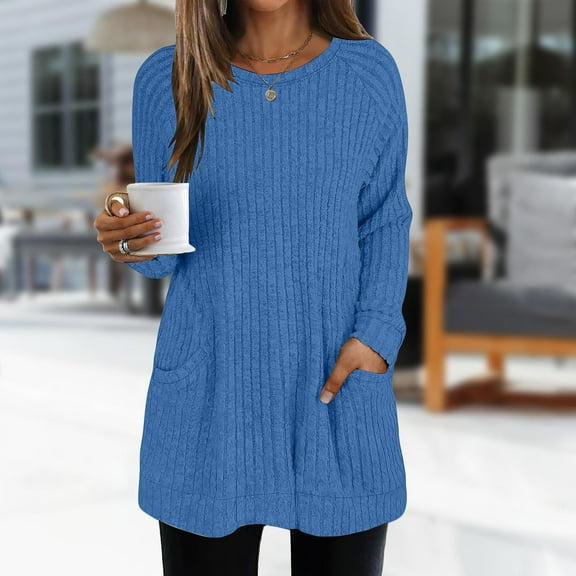 Blue Womens Fall Tops Long Sleeve Shirts for Women Casual Tops Loose Fit Rib Knit Lightweight Long Sweater Crew Neck Pullover with Pockets Sweaters for Women