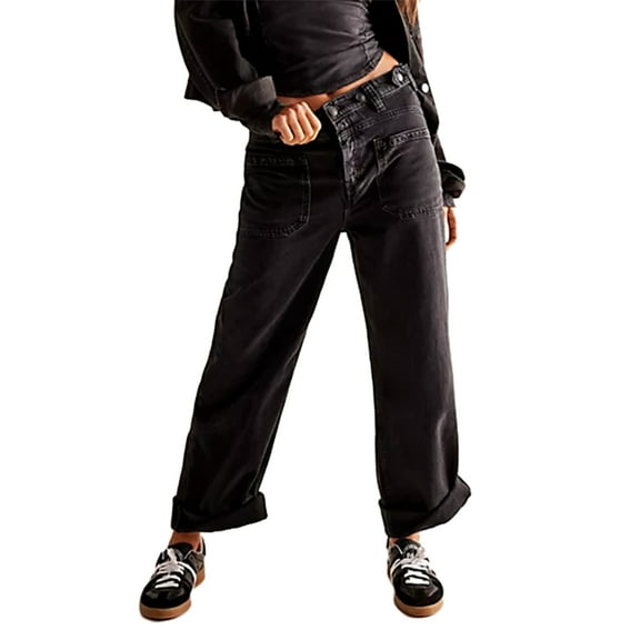 Michellecmm Women Cuffed Jeans Solid Color High Waist Wide Leg Denim Pants