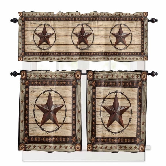 Retro Texas Star Kitchen Curtains Valance and Tier Set Farmhouse Country Star Rod Pocket Short Curtains for Small Window 3 Pieces Set for Bedroom Bathroom Cafe (54" x 18" 27" x 36")