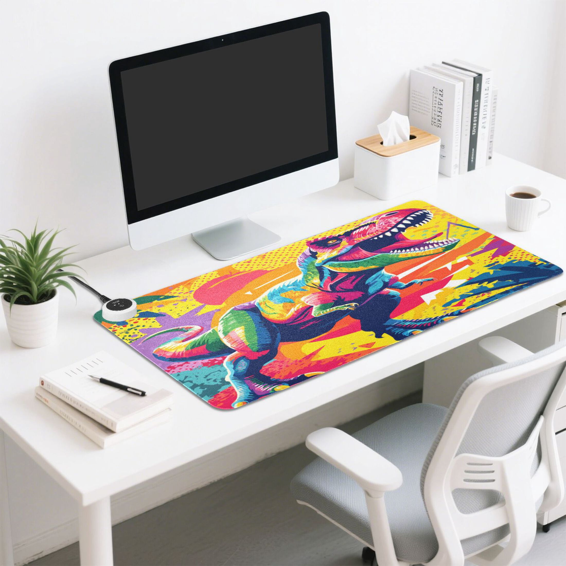 Large Heated Desk Mat Mouse Pad 31.5"x13"PU Leather Graphene Heating Desk Warmer with 3 Temperature Settings 110V US Plug Non-Slip Warm Pad for Home, Office, and Gaming Bold Tropical Dino Design