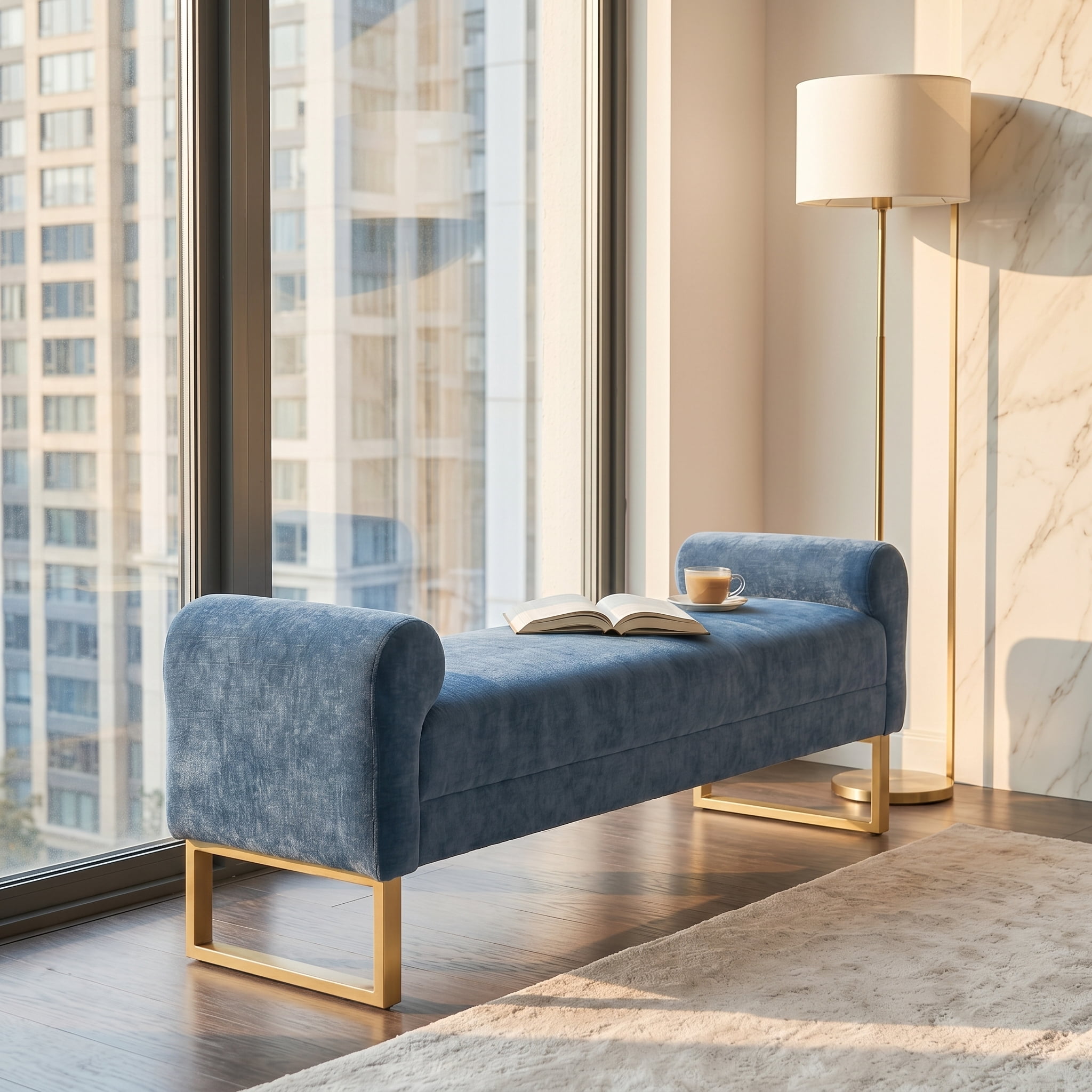 Ottoman Bench 65.4 Inch, Chenille Upholstered Bench with Gold Metal Legs, End of Bed Bench for Bedroom and Living Room, Blue