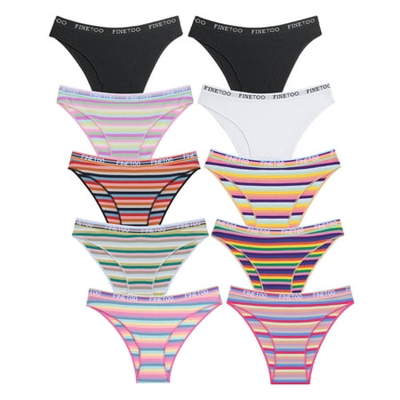 FINETOO 10 Pack Cotton Underwear for Women Cheeky High Cut Breathable Hipster Bikini Striped Panties Pack S-XL