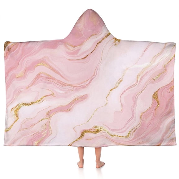 Pink Gold Marble Pattern Hooded Bath Towel,50"x30" for Ages 3 To 12 Kids, Quick Dry Lightweight Soft Microfiber Hood Beach Towel Cover Up for Kids