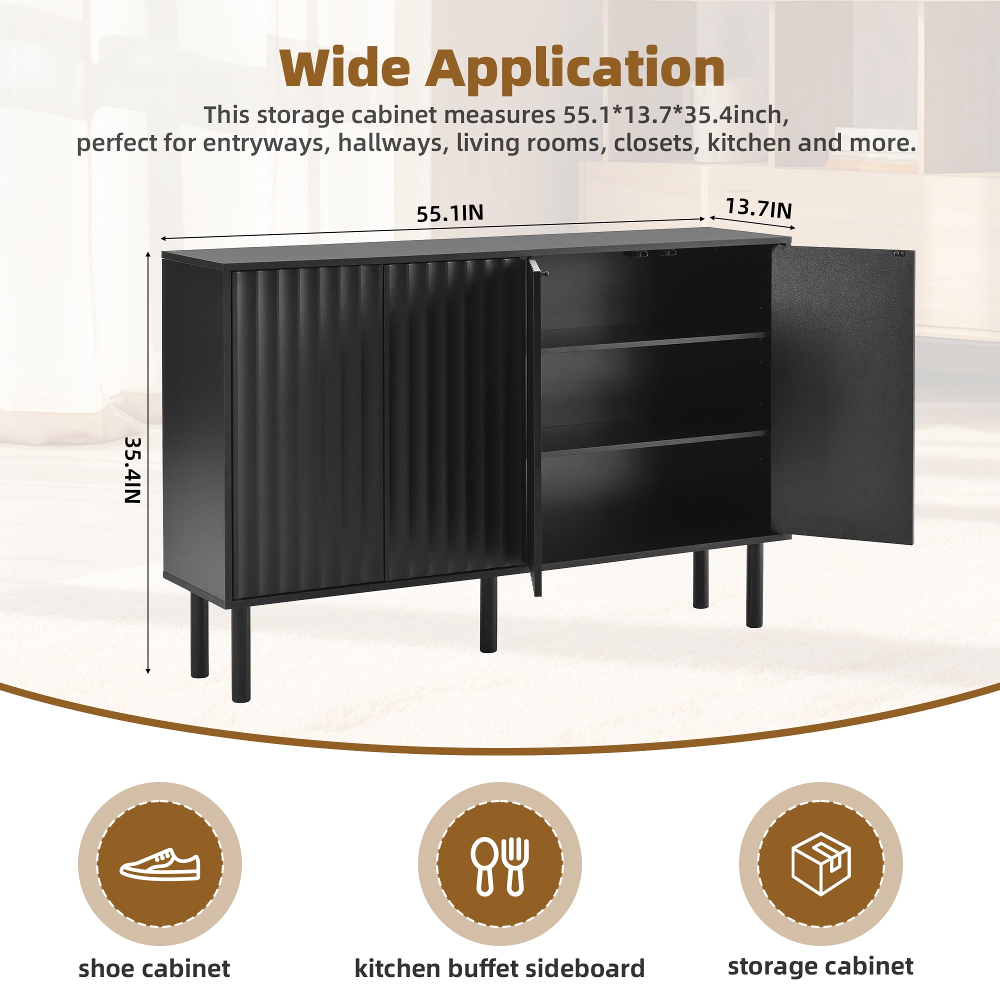 Euroco Modern Shoe Cabinet with Fluted Doors, Adjustable Shelves, and Solid Wood Legs – Versatile Cabinet for Entryway, Living Room, Kitchen, or Hallway
