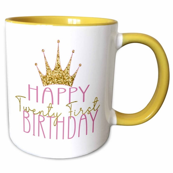 3drose, Pink and Image of Gold Crown Happy Twenty First Birthday, 15oz Two-tone Yellow Mug