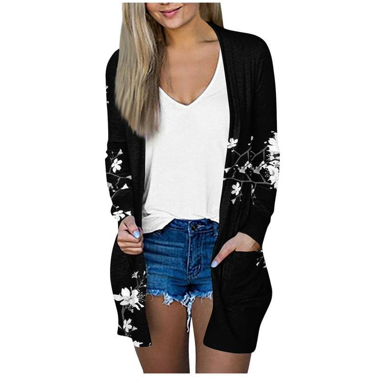 TQWQT Cardigan Sweaters for Women Lightweight Thin Summer Beach Cardigan Lightweight Cover Ups Solid Open Front Cardigans Outwear with Pockets Black S Walmart