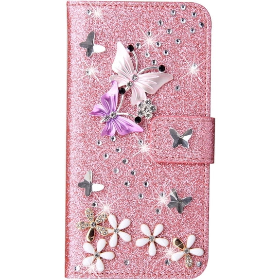 Compatible with iPhone 15 Pro Max Wallet Case with Card Slots Luxury 3D Bling Glitter Diamond Rhinestones Butterfly Flowers Design for Women Girls Sparkle Shiny PU Leather Stand Kickstand Cover