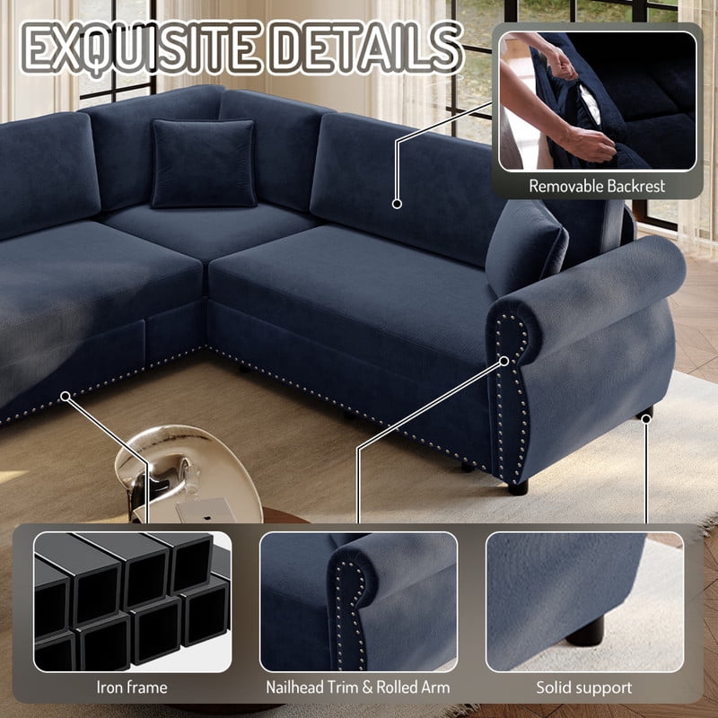88.2" Sectional Sleeper Sofa with Pull Out Bed, Convertible Sleeper Couch with Nailhead Trim, 5-Seat Sectional Sofa Chenille Couch for Living Room Apartment