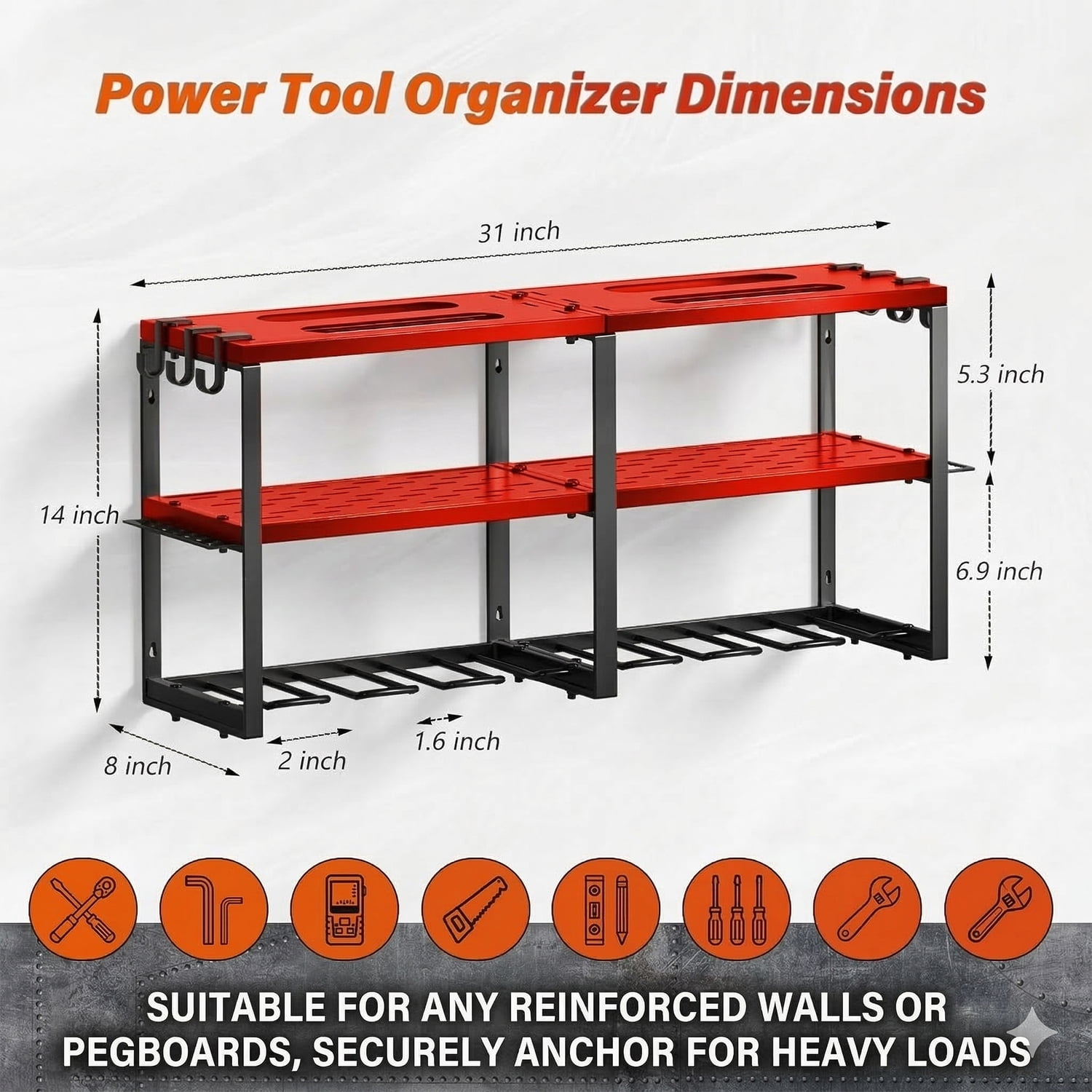 Birodeko Power Tool Organizer Wall Mount, 3-Layer Heavy Duty Garage Storage Rack with 8 Drill Holder Slots & Side Hooks (Red)