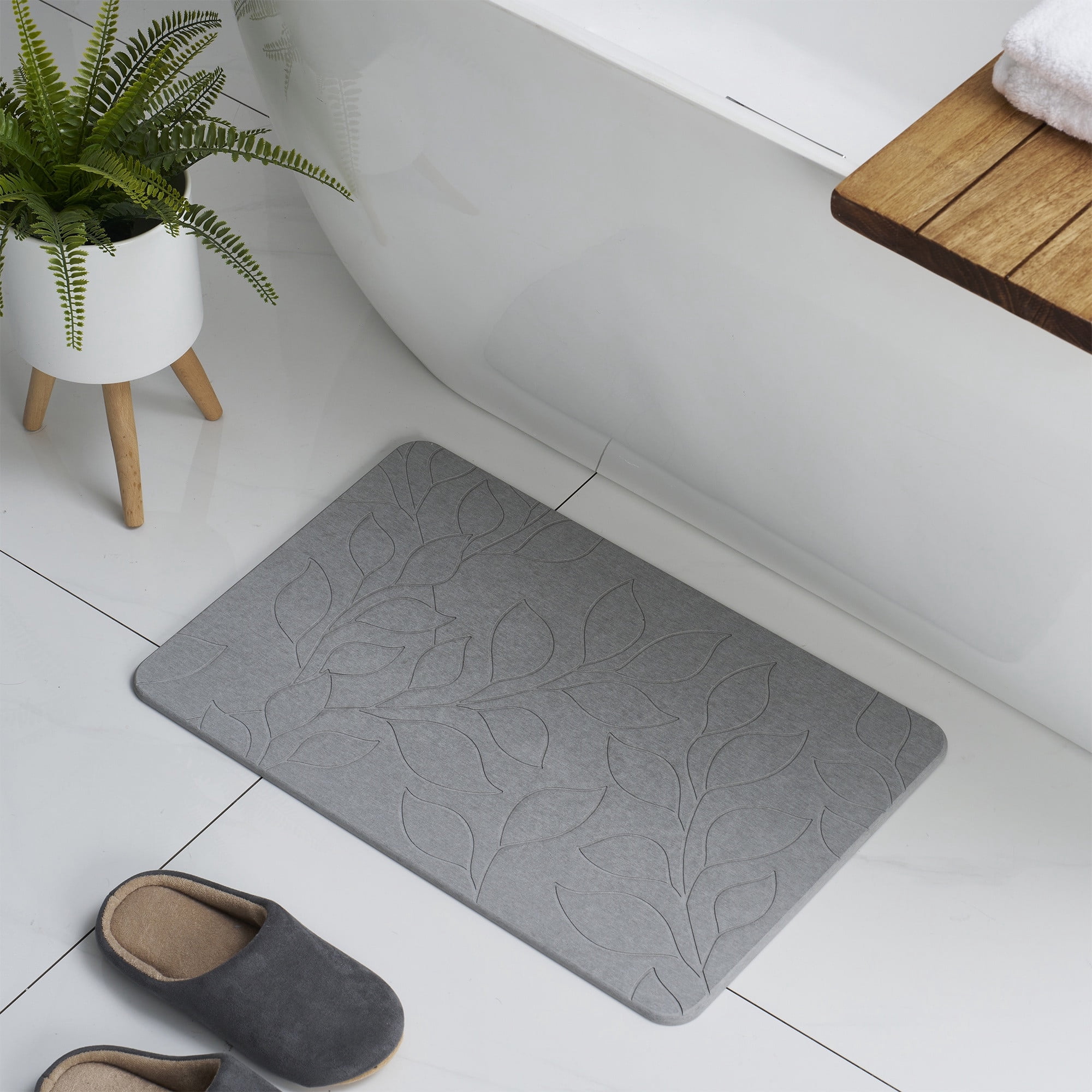 VCNY Home Grey Carved Leaves Diatomite Stone Bath Mat, 16" x 24"