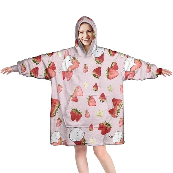 Strawberry Plants Fruit Cat Flower Wearable Oversized Blanket,Wearable Blanket Hoodie for Adults,Cozy Hooded Blankets with Super Pockets,Super Warm Fuzzy Pullover for Women & Men