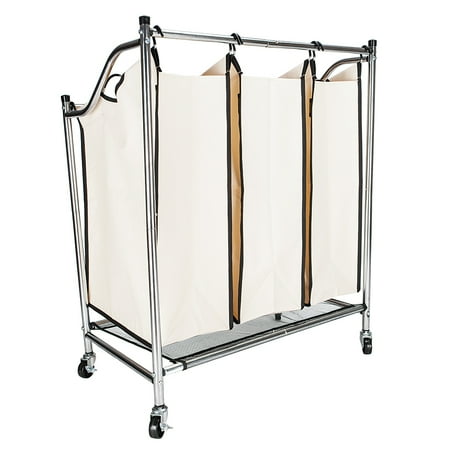 UBesGoo Laundry Sorter 3 Section Bag Basket Bar Hamper Bin Utility Cart Rolling Brown
