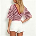 thumbnail image 4 of vigerkar Women Y2K Striped V Neck Cinched Waist Tops Batwing Sleeve Backless Shirt | Short Sleeve Ruched Crop Tops, Open Back Fitted Tee Shirt, Summer Going Out (Wine, L), 4 of 7