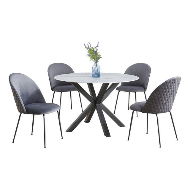 5pc Marbre Blanc Enveloppé Table à Manger avec Verre Trempé et Chaises Grises