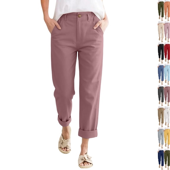 Linen Pants Women Petite High Waisted Cropped Pants Summer Beach Ankle Length Straight Leg Tapered Trouser Pant Wine XXL
