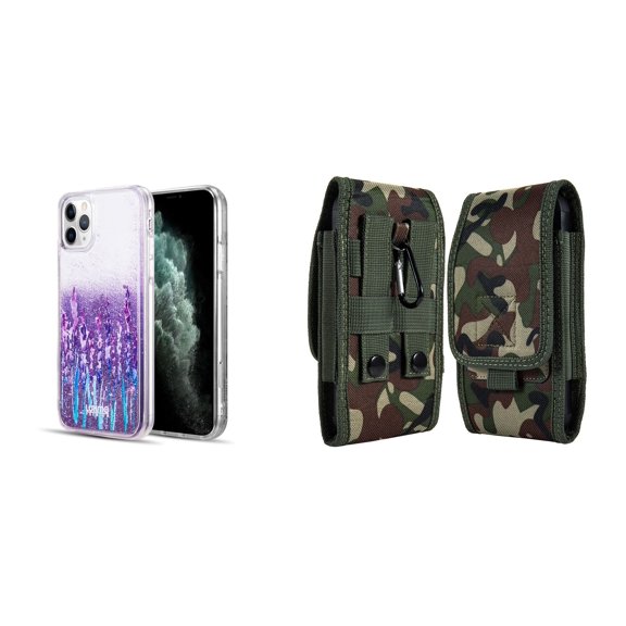 Liquid Glitter Case for iPhone 14 Pro and Belt Holster Pouch (Lavender Purple/Jungle)