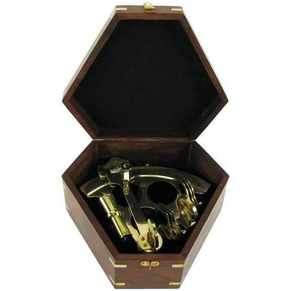 Antique Maritime Solid Brass 9" Navigation Sextant w/Decorative Wood Box