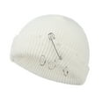 thumbnail image 2 of Unisex Fashion Ribbed Knit Cuff Beanie Hat, Metal Ring Pin Decor Slouchy Cap Winter Vintage Holey Streetwear Hat White One Size, 2 of 3