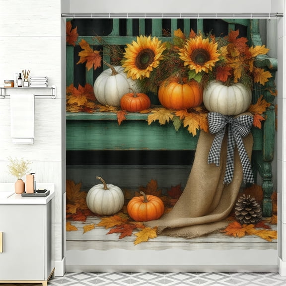 Shower Curtain Fall Theme A green bench with pumpkins and sunflowers on it 72x72 Shower Curtain Chic Bathroom Decor