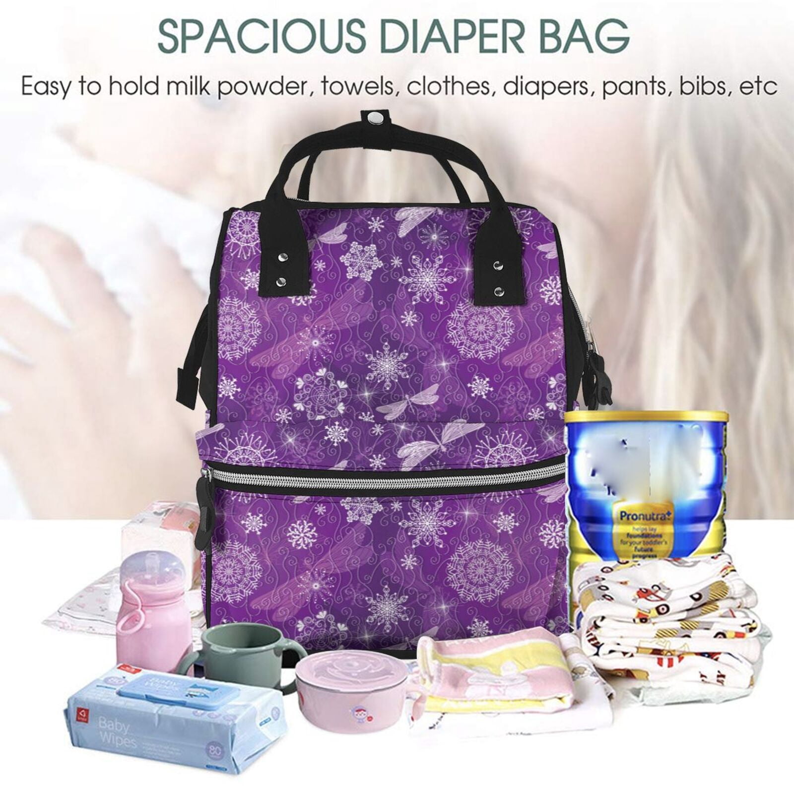 Ratiio Purple Snowflakes Mummy Backpack - Waterproof Twill Canvas, Large Capacity Diaper Bag with Multiple Pockets and Adjustable Straps