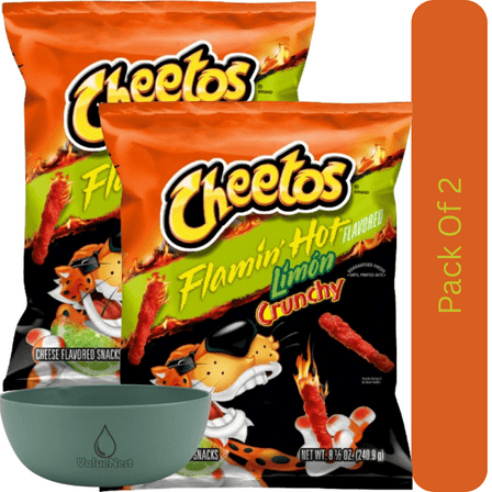 Cheetos Crunchy Flamin' Hot Limon Cheese Flavored Snacks, 8.5 oz Bag With Olive Green Bowl By ValueNest