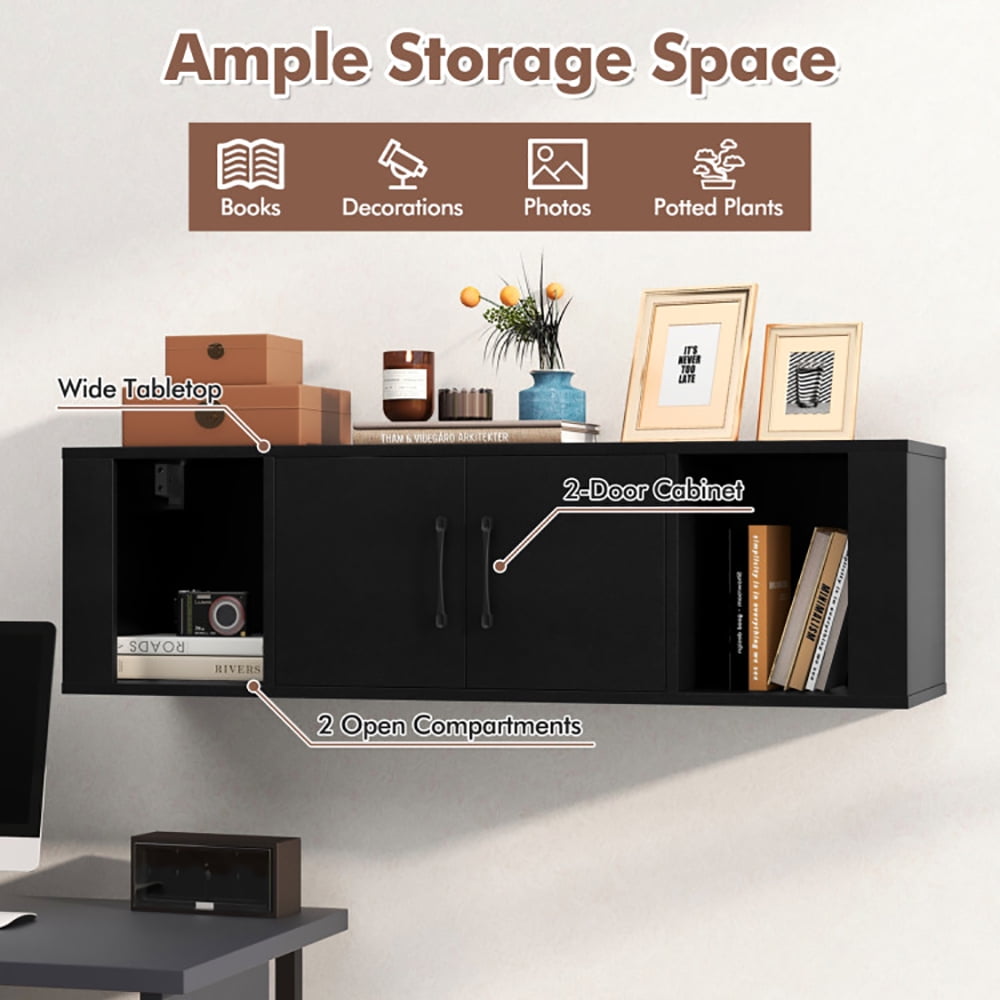 Finihen Floating Shelves, Modern Hanging Shelf for Wall Decor, Wall Mounted Floating 2 Door Desk Hutch Storage Shelves, for Living Room, Bedroom, Kitchen, Black Finihen Floating Shelves, Modern Hanging Shelf for Wall Decor, Wall Mounted Floating 2 Door Desk Hutch Storage Shelves, for Living Room, Bedroom, Kitchen, Black