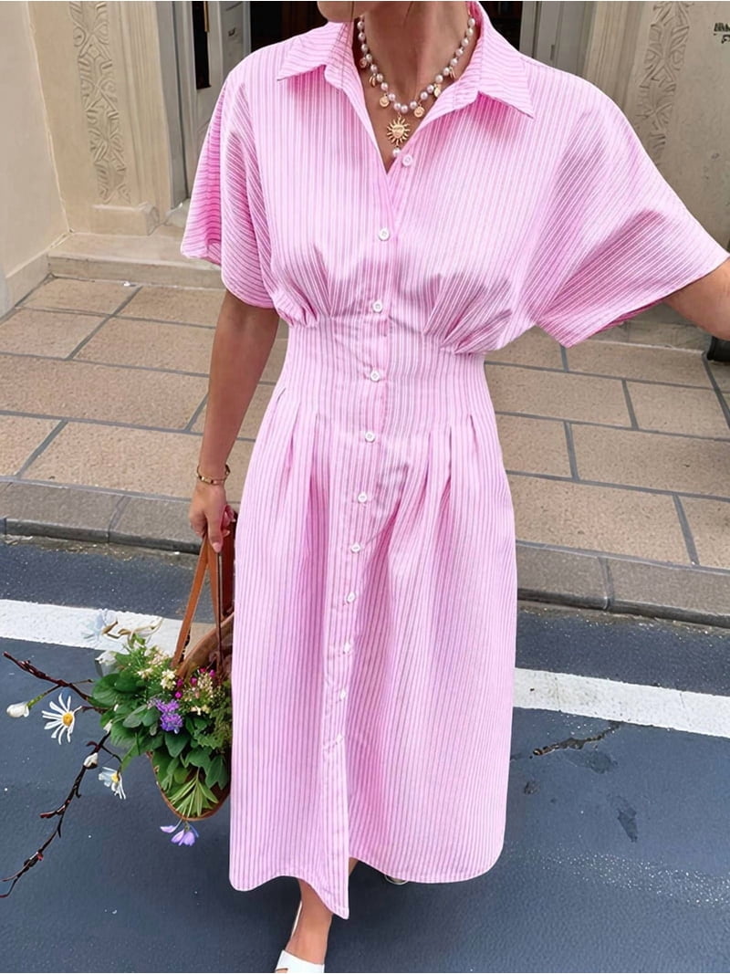 mini pleated shirt dress SAFRISIOR Women Button Front Pleated Mini Shirt Dress Summer Short Sleeve  Striped Blouse Casual Corset Dresses at Amazon Women's Clothing store