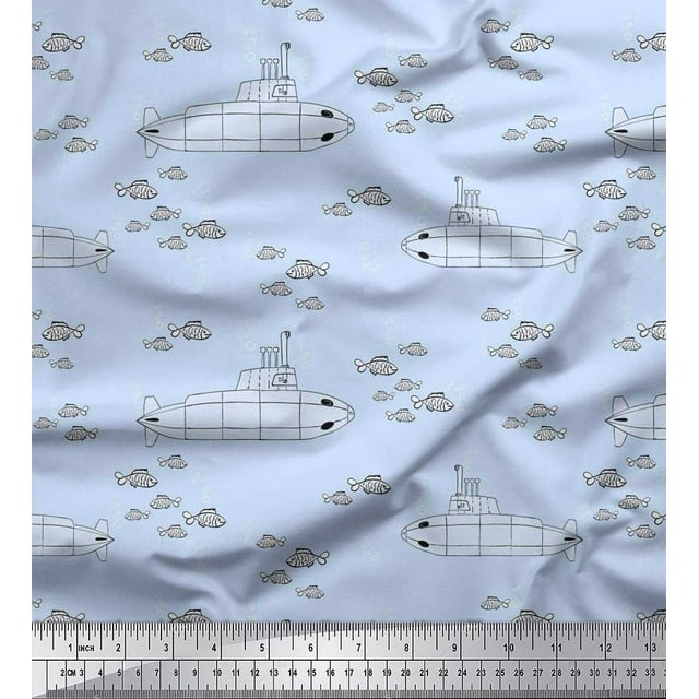 Soimoi Rayon Fabric Submarine & Fish Night Wear Print Fabric by Yard 42 Inch Wide