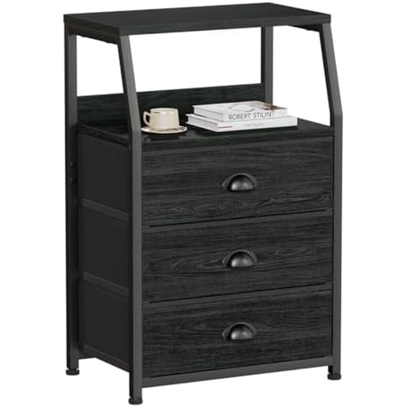Black Night Stand, Small Dresser for Bedroom, Nightstand with 3 Fabric Storage Drawers and 2-Tier Shelf, End Table Side Furniture for Closet, Hallway, Nursery, Sturdy Steel Frame, Wood Top