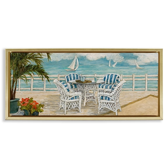 Stupell Industries Summer Beach View Deck Landscape & Nature Painting Gold Floater Framed Canvas Art Print Wall Art, 25 x 11