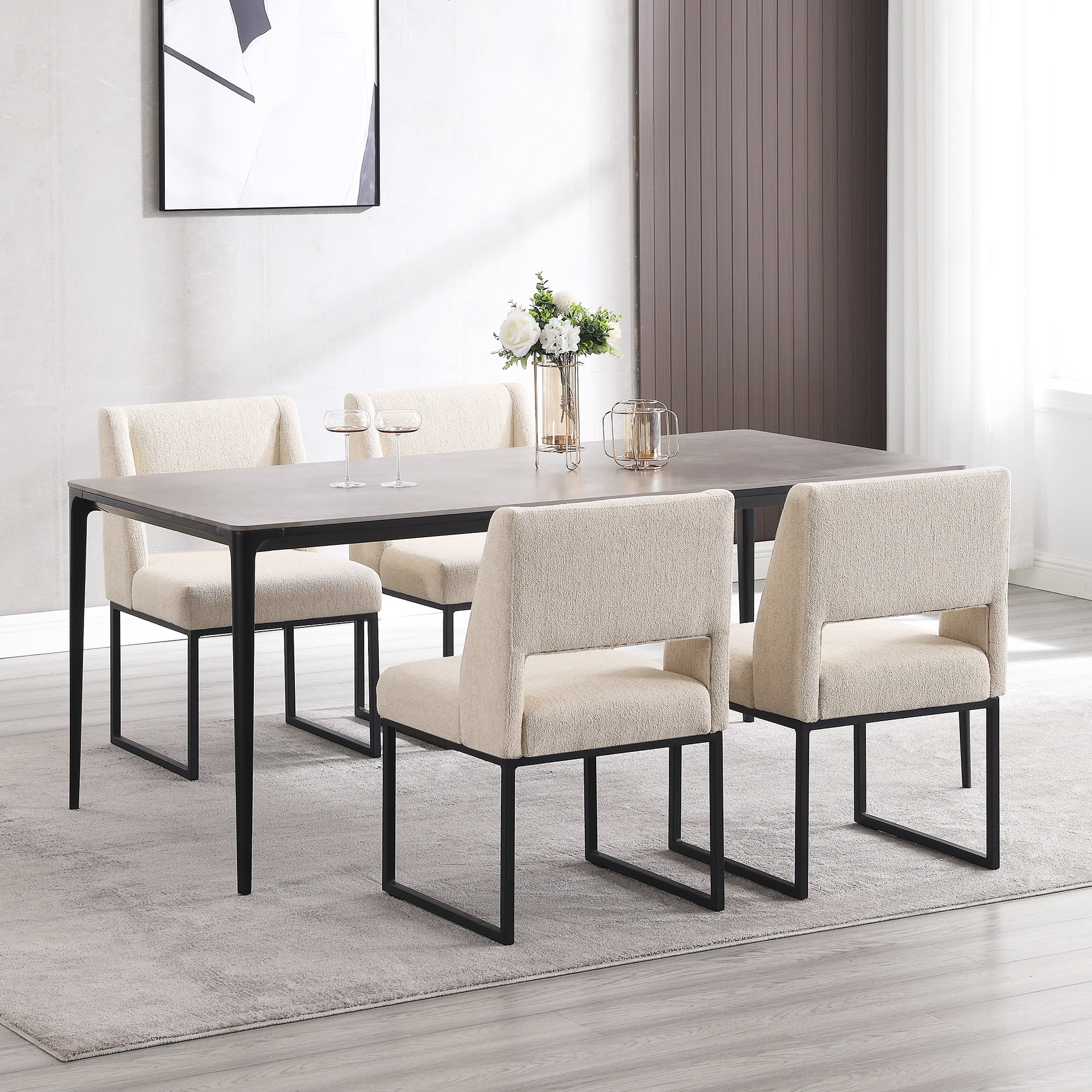 Zesthouse 18.3" Modern Dining Chairs Set of 4, Linen Fabric Dining Room Chairs with High Back and Metal Legs, Armless Upholstered Side Chair for Dining Room Kitchen, Beige