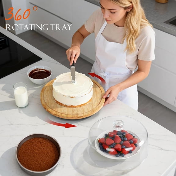 Bamboo Christmas Cake Stand with Lid, Rotating Cake Holder with Dome, Dessert Table Display Set with Clear Cover, BPA Free Cake Plate with Cover for Birthday/Kitchen/Party/Charcuterie