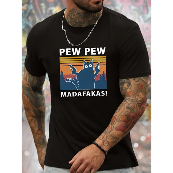 [Comfy Graphic Men's Short Tee] Pew Pew And Cat Graphic Men's Short Sleeve T-shirt, Comfy Stretchy Trendy Tees For Summer, Casual Daily Style Fashion Clothing