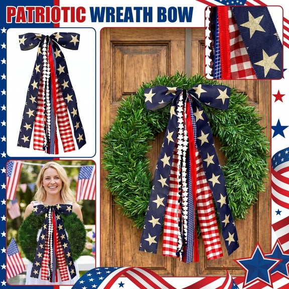 4Th of July Decorations, Patriotic Wreaths for Front Door, 24 in Length, Bow Decorations, Red White and Blue Ribbon, Americana Decor, Summer Decorations for Home, Star Motifs, 1