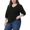 thumbnail image 4 of Plus Size Top for Women 3/4 Sleeve V Neck Button Decor Casual Solid Tees Shirts 1X Black, 4 of 6