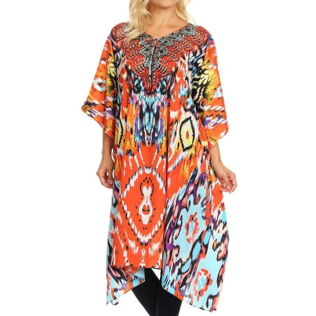 Boho 1 Sakkas Jenni Women's Mid Length Boho Caftan Kaftan Dress Cover up Flowy Rhinestone - IR2-Red - One Size Regular ()