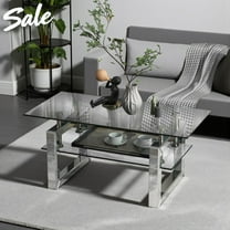 Tcbosik 39.38" Glass Coffee Table, Modern 2-Tier Cocktail Table with Storage Shelf and Mirrored Metal Legs, Accent Center Table for Home Decor, Office, Small Space, Clear Silver