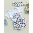 thumbnail image 3 of Wassery Infant Girls Summer Romper Outfit Sets 3pcs Letters Print Short Sleeve Crew Neck Bodysuit+Baseball Print Shorts+Headband 0-18M, 3 of 8