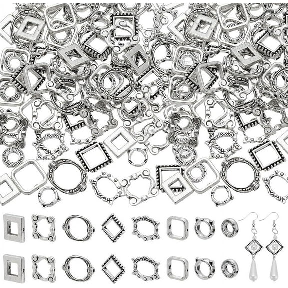 PH 112pcs 8 Styles Bead Frames Double Hole Frame Spacer Beads Square/Oval/Round Bead Hugger Frame Connectors for DIY Earring Bracelet Necklace Jewelry Crafts Making Silver Silver