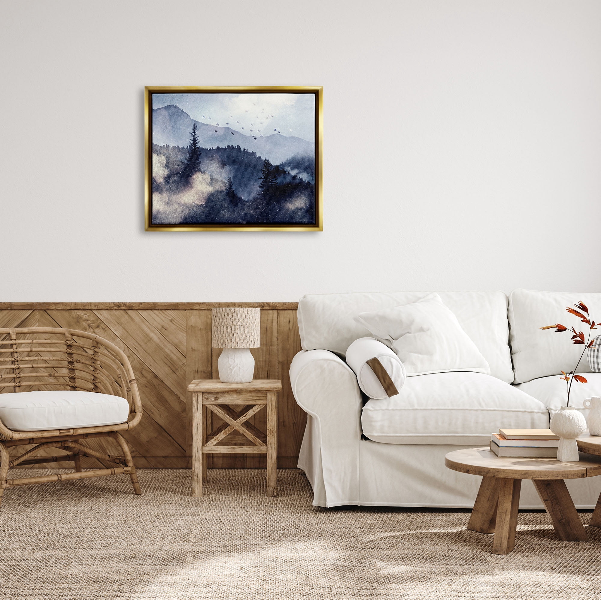 Stupell Industries Mountain Landscape Watercolor Nature Painting Gold Floater Framed Art Print Wall Art, 31 x 25