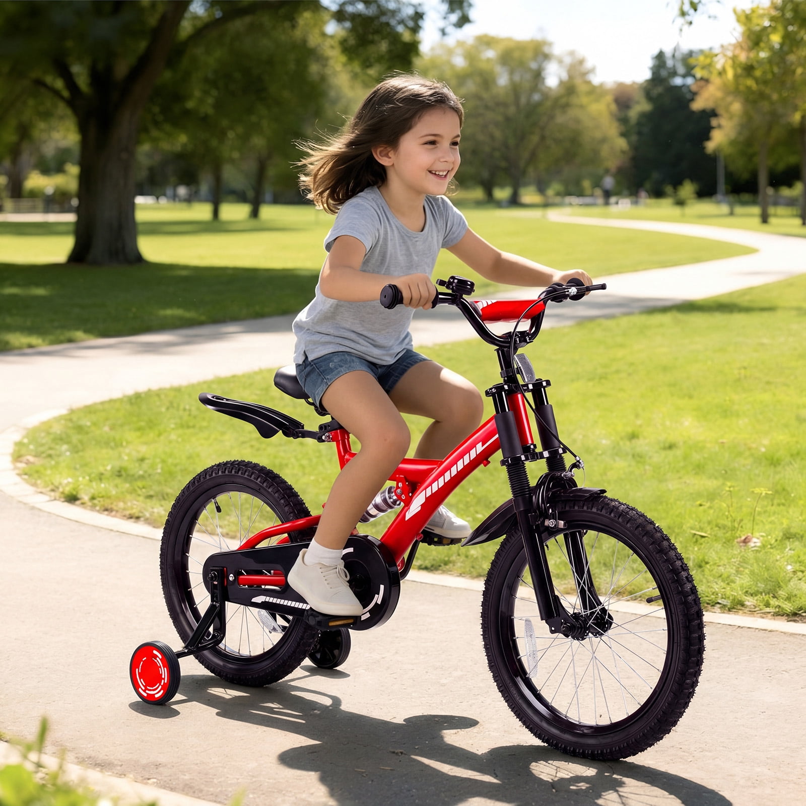 SUGIFT 18 Inch Kids Bike for Boys Girls Ages 6-9, Training Wheels, Handbrake and Bell, Red