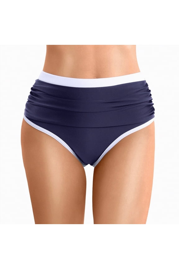Womens High Waisted Swim Bottom Retro Triangle Bikini Bottoms Tummy Control Scrunch Swimwear Navy,M