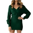 thumbnail image 2 of Gspmoly Robe d'Été, Robe d'Été pour Femme à Couleur Unie à Manches Longues et Col en V, Robes de Cocktail Offres Prime, 2 of 9